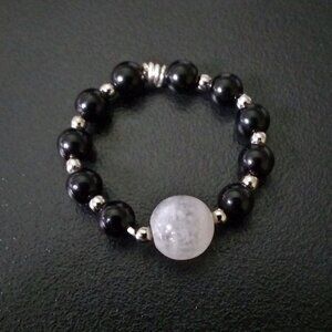 Ultra Feminine! Genuine Moonstone + Black Stone - Beaded Ring! Only 2 Left!